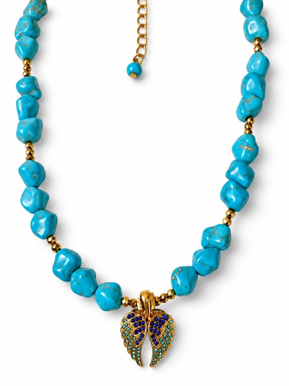 Turquoise Beaded Necklace with Gold Angel Wing Pendant